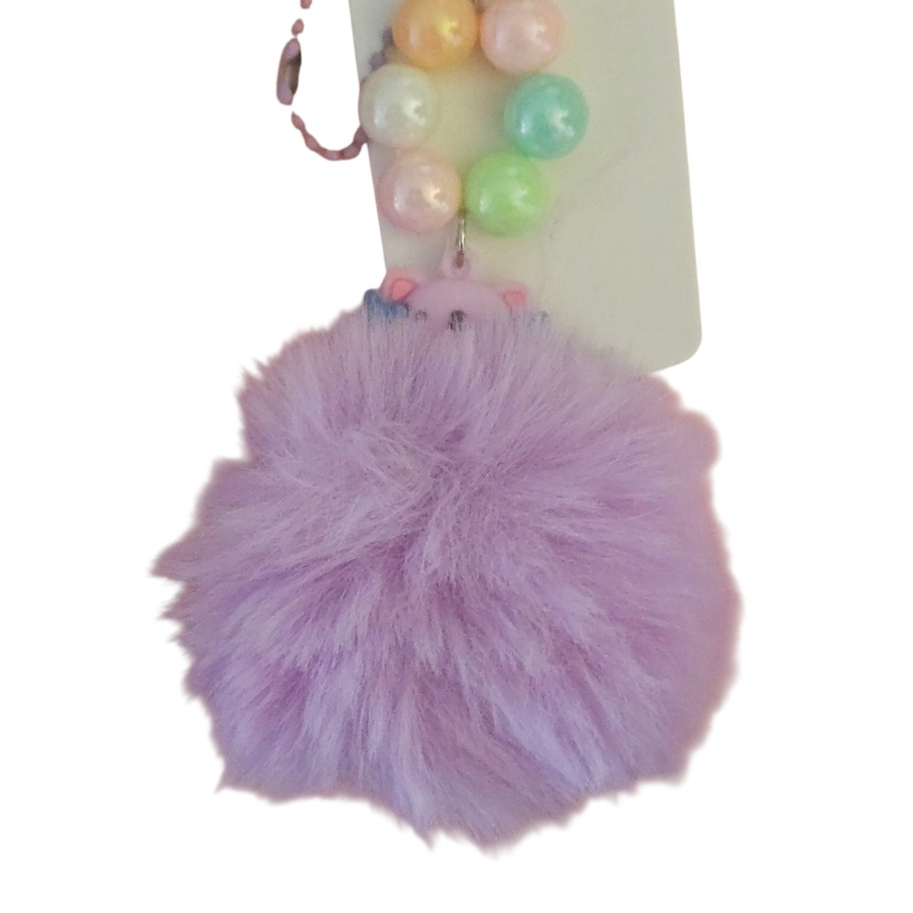Purple Fur Pom Pom Keychain Colorful‎ Beads Charm Bag Accessory Fluffy